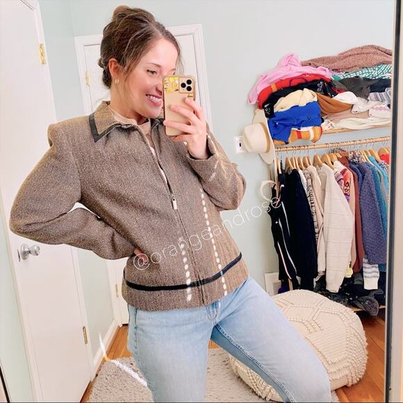 Deadstock vintage Sag Harbor Brown Chevron Collared Zip Up Blazer Jacket 12 L - Picture 1 of 12